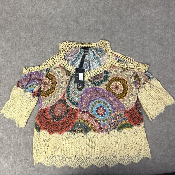 NWT Rain Cold Shoulder Top 1X Butter Yellow Paisley Floral Boho Peasant Crochet - Picture 1 of 7